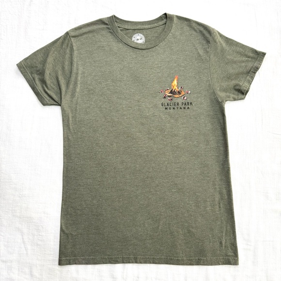 Glacier National Park Montana Olive Green Funny Bear Campfire Graphic Tee - Picture 2 of 6